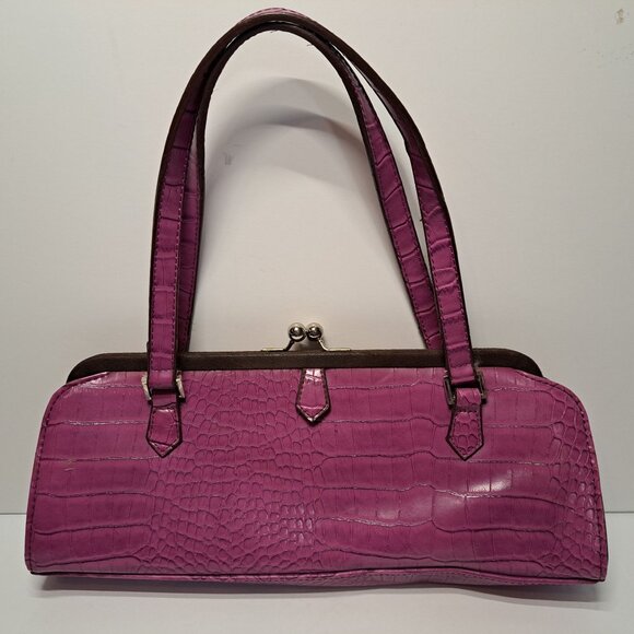 Chinese Laundry Clutch 2 Handle Hot Pink Faux Croc Green Lining Kiss Lock - Picture 1 of 12